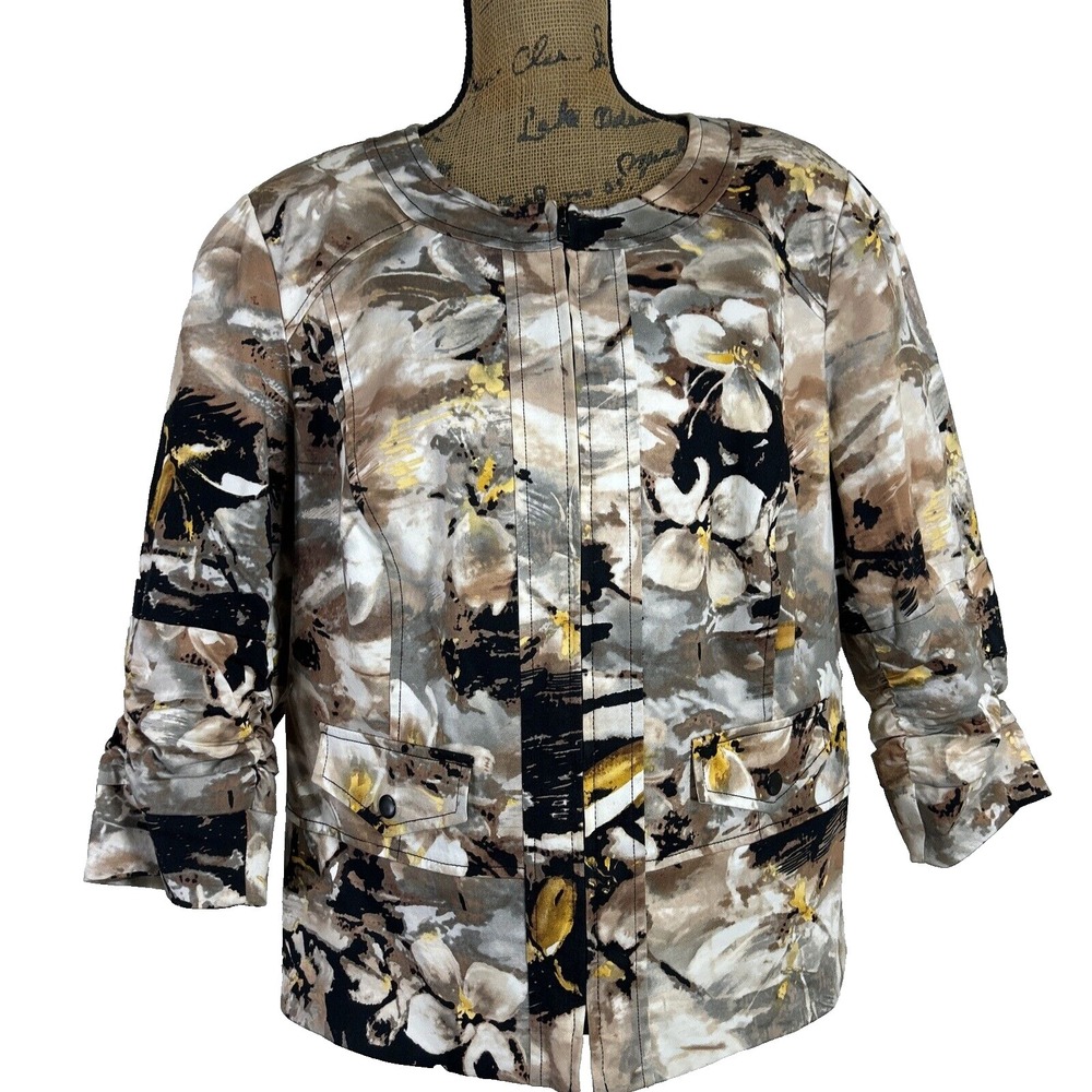 Coldwater Creek Jacket 18W Beige Tan Yellow Floral Ruched 3/4 Sleeve Washable